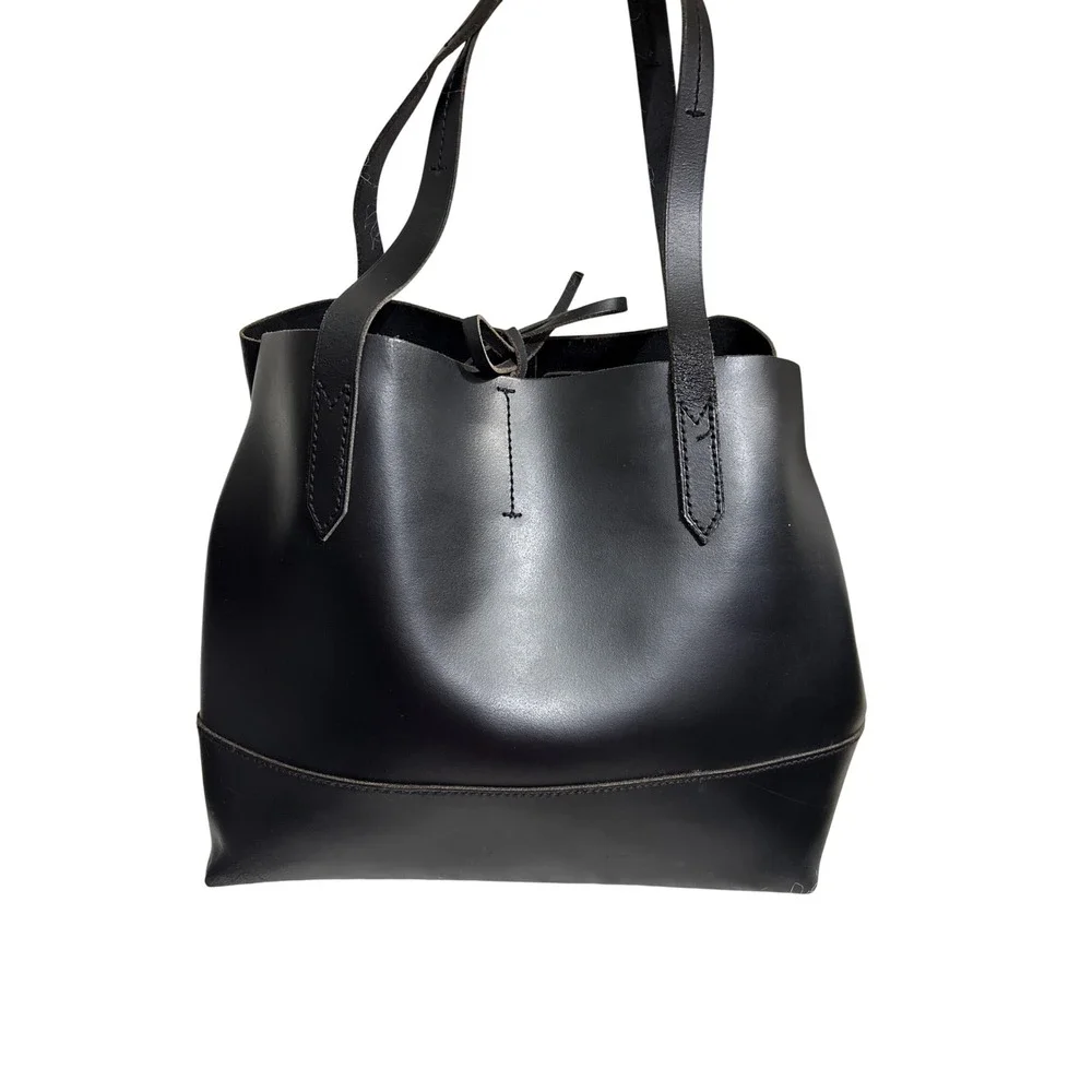 j CrewMinimalist Black Leather Tote Bag Double Strap Shoulder Bag Tie Classic